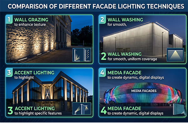 Comparison of different facade lighting techniques